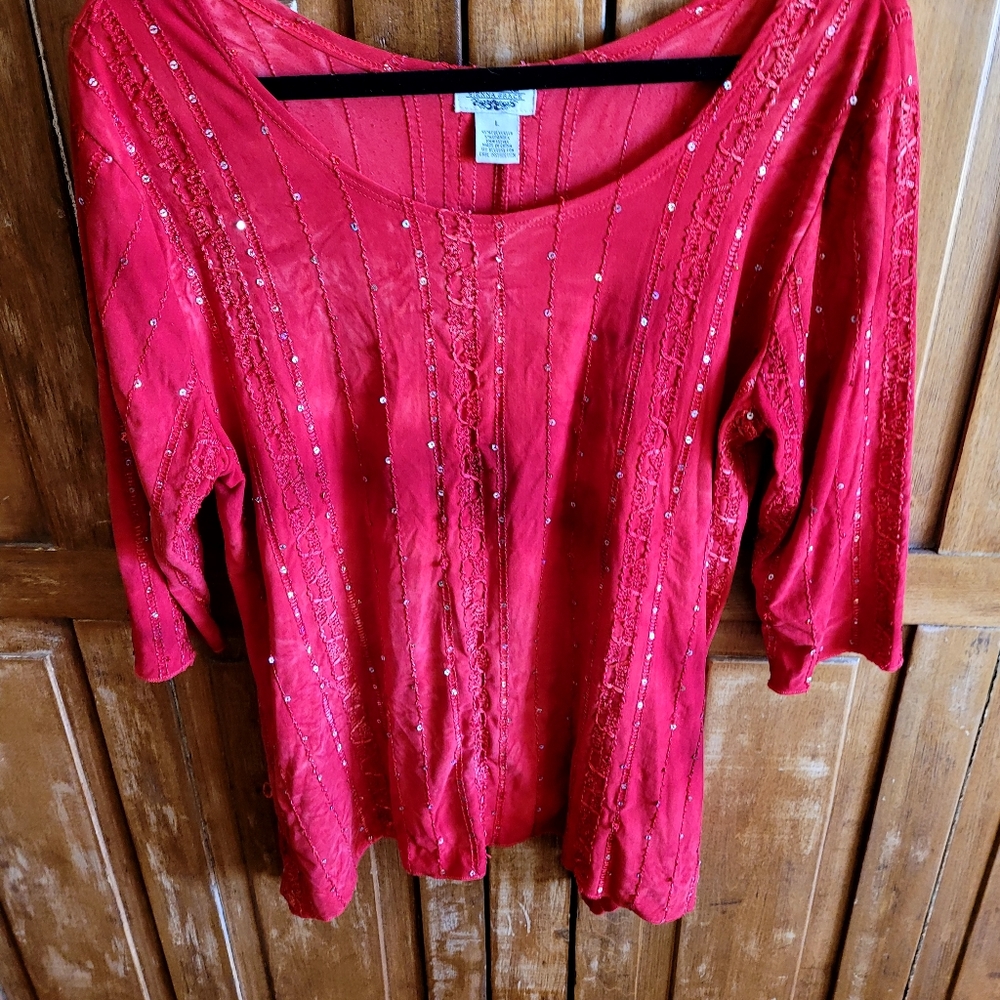 Sienna Grace, red & sparkle, 3/4 sleeve top, large.